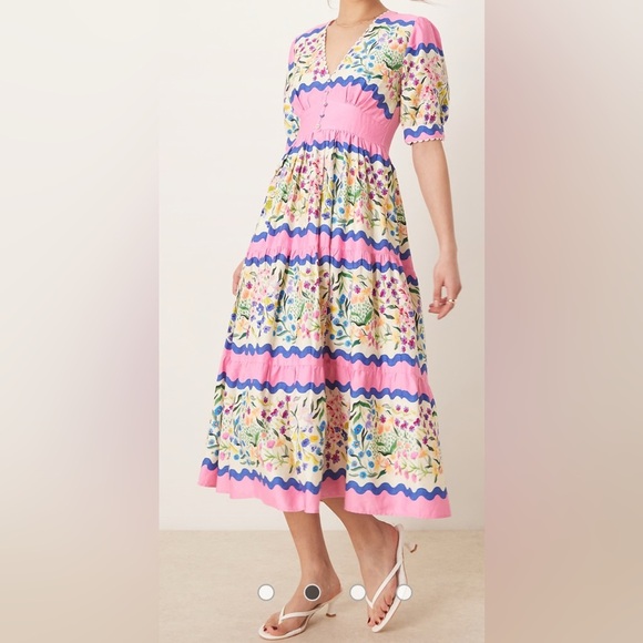 Hope & Ivy v-neck puff sleeve midi smock dress in multi - Picture 3 of 8